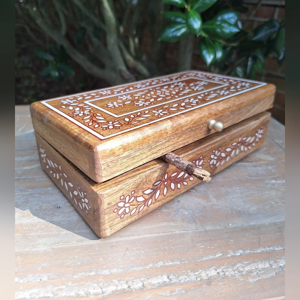 Wooden Box with Hinged Lid Jewelry  Trinket Box Rectangle Table Top Gold Handle